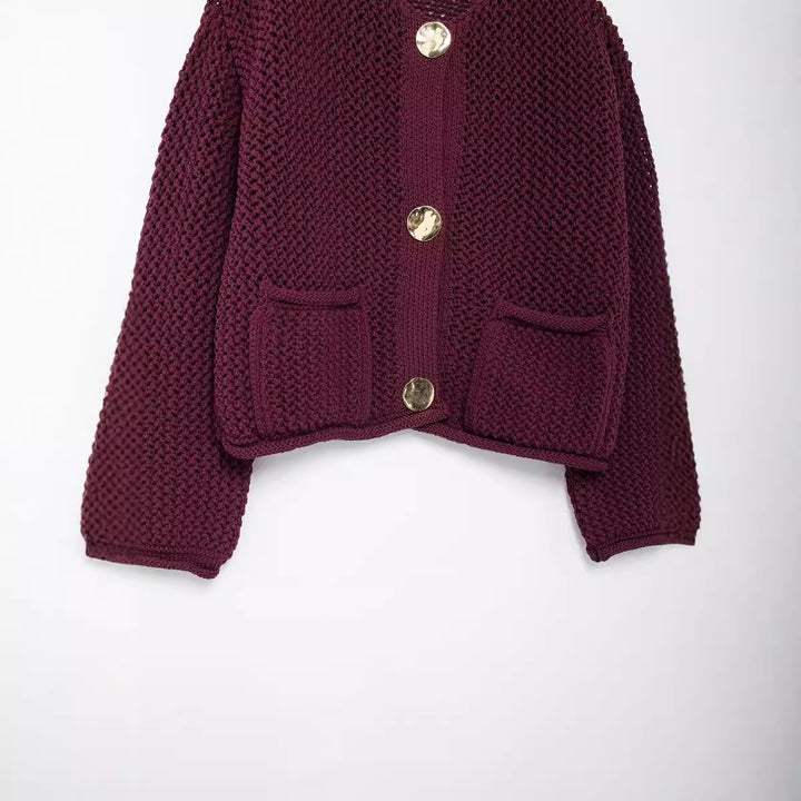 Damen modische Strickjacke mit goldenen Knöpfen und Eingrifftaschen Drune