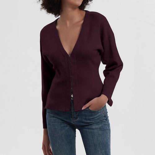 Damen elegante Strickjacke mit V-Ausschnitt und Knopfverschluss Drune