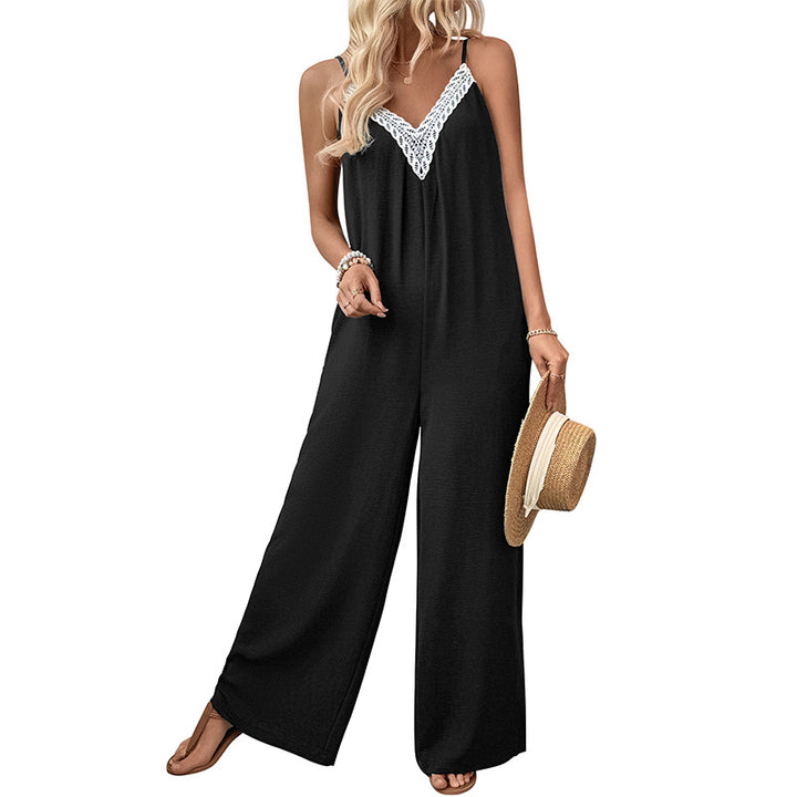 Damen Lässiger Jumpsuit mit tiefem V-Ausschnitt und Spitzenakzenten Drune