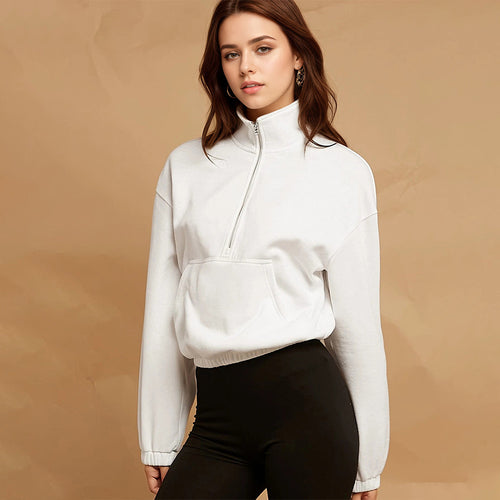 Damen lässiger Zip-Hoodie mit Kängurutasche und elastischem Saum Drune