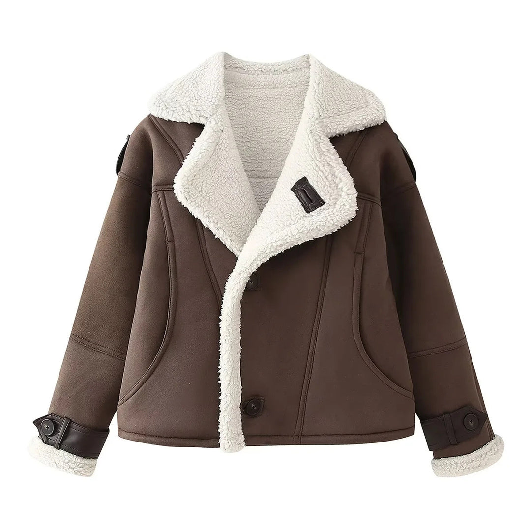 Damen lässige Lederjacke mit kunstfellgefüttertem Kragen und Knopfdetails Drune