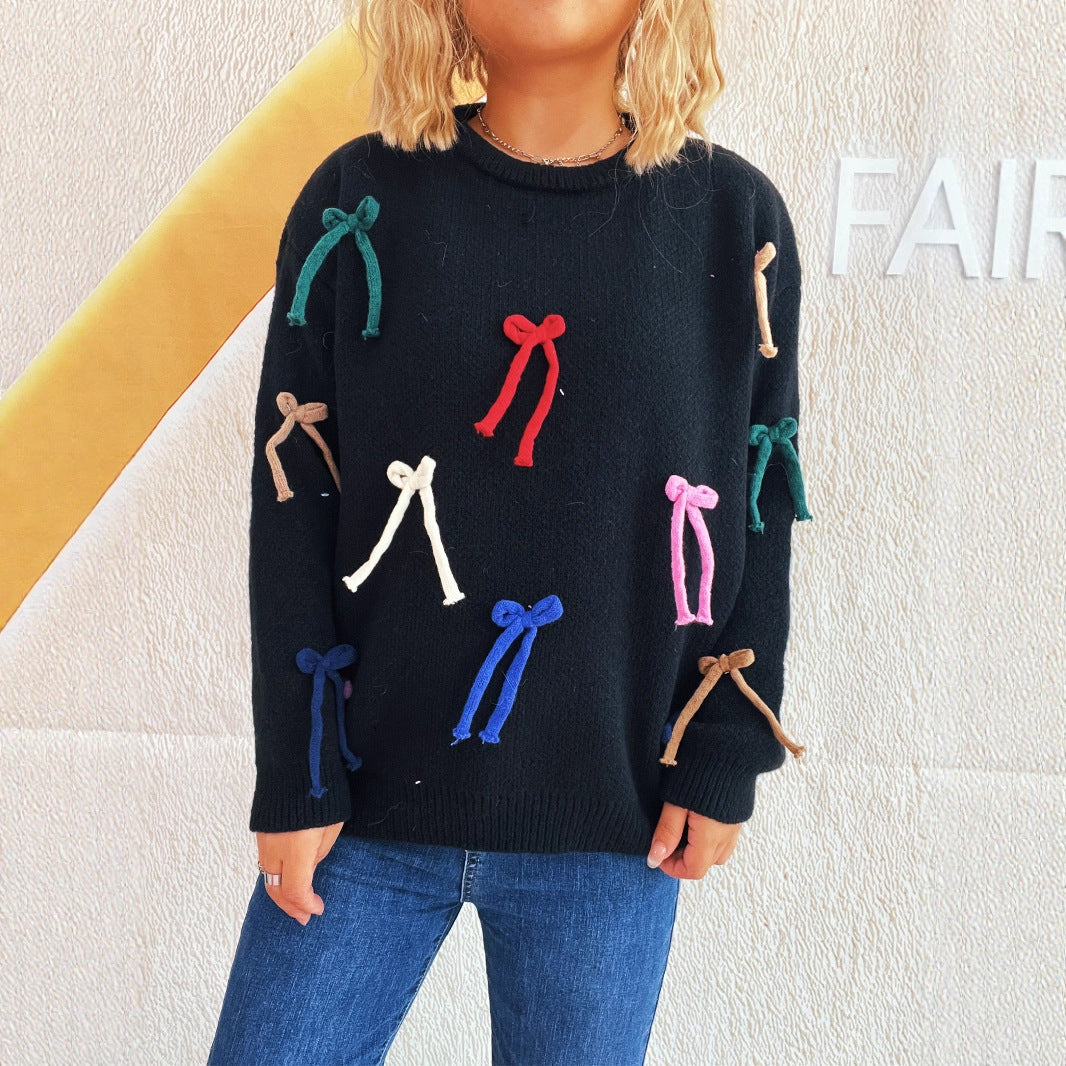 Damen kreativer Pullover mit bunten Schleifenakzenten Drune