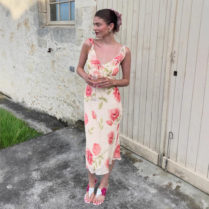 Damen Maxikleid mit floralem Design und Spaghetti-Trägern Drune