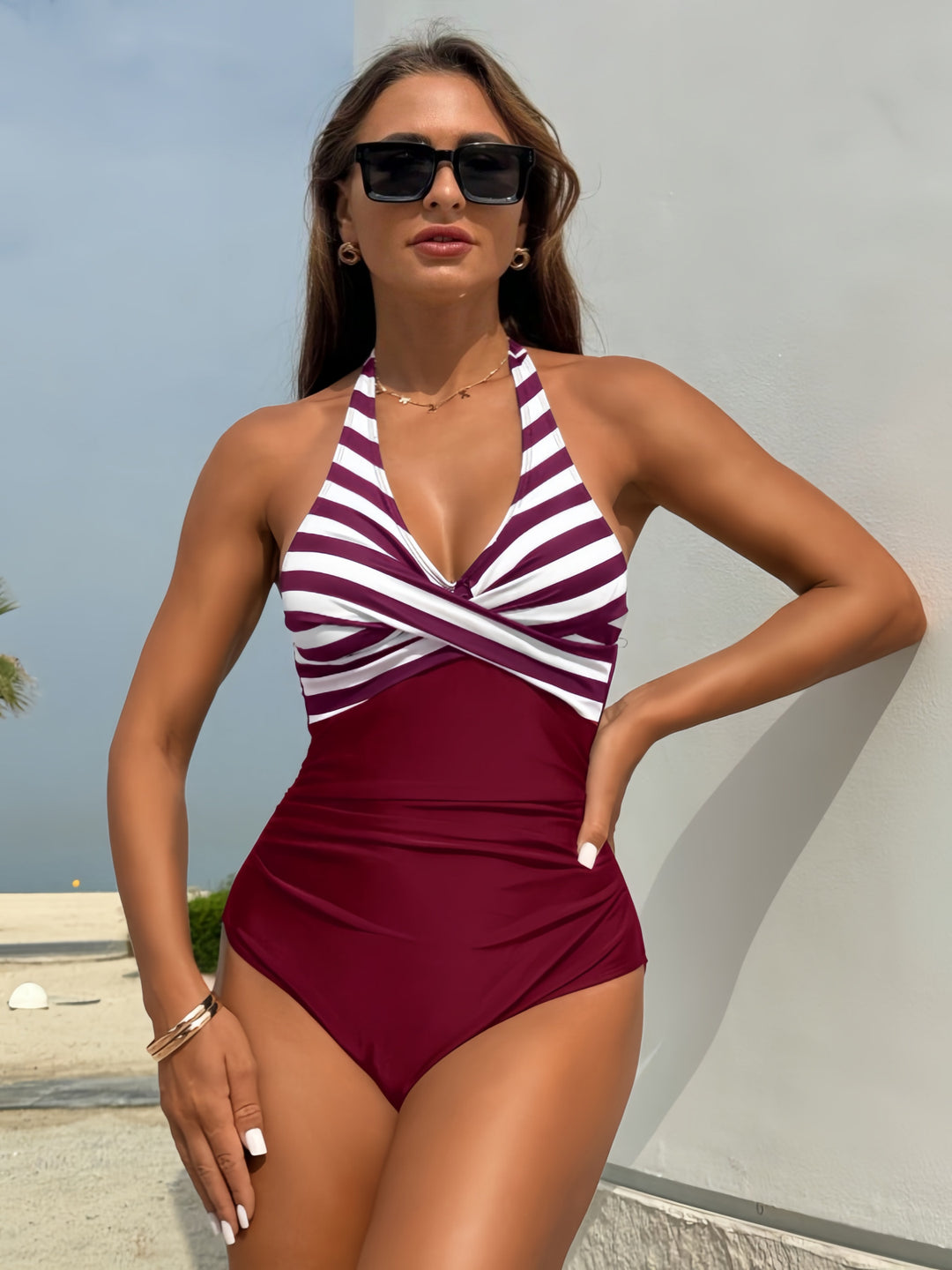 Damen Einteiliger Badeanzug mit Streifen-Design und figurformenden Elementen Drune