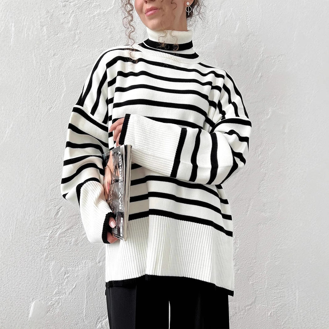 Damen modischer gestreifter Strickpullover mit Stehkragen Drune