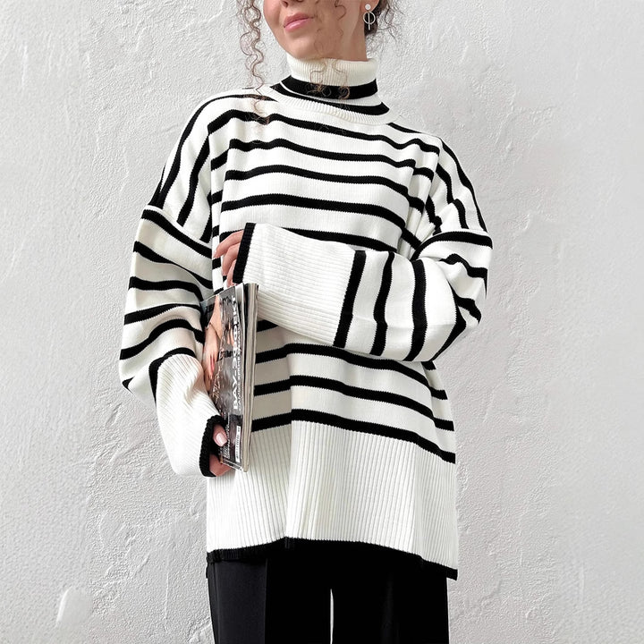 Damen modischer gestreifter Strickpullover mit Stehkragen Drune