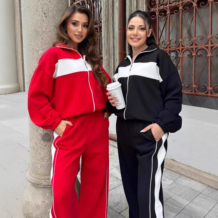 Damen sportlicher Fleece-Jogginganzug mit durchgehendem Reißverschluss und elastischen Bündchen Drune