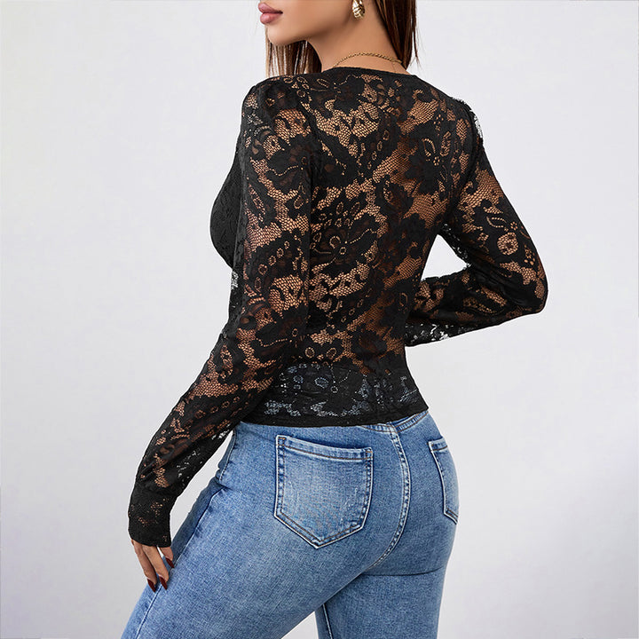 Damen Spitzenbluse mit tiefem V-Ausschnitt und Raffungen Drune