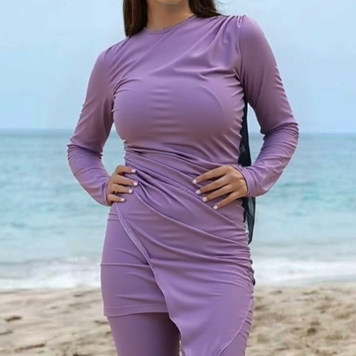 Damen Sportlicher Langarm-Badeanzug mit Wickeldesign Drune