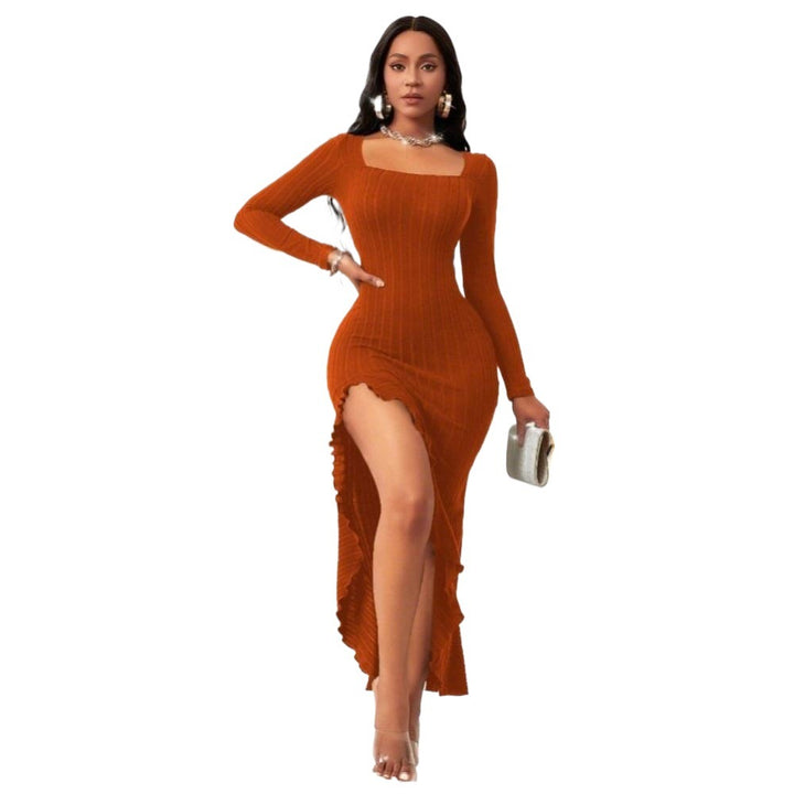 Damen elegantes Maxi-Kleid mit raffiniertem Wasserfall-Schnitt und langen Ärmeln Drune