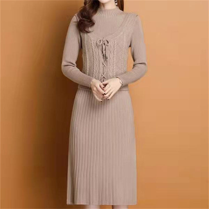 Damen elegantes Strickkleid mit hochgeschlossenem Kragen und dekorativem Zopfdesign Drune