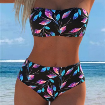 Damen Bandeau-Bikini mit hohem Taillenschnitt und kontrastierendem Blumendesign Drune