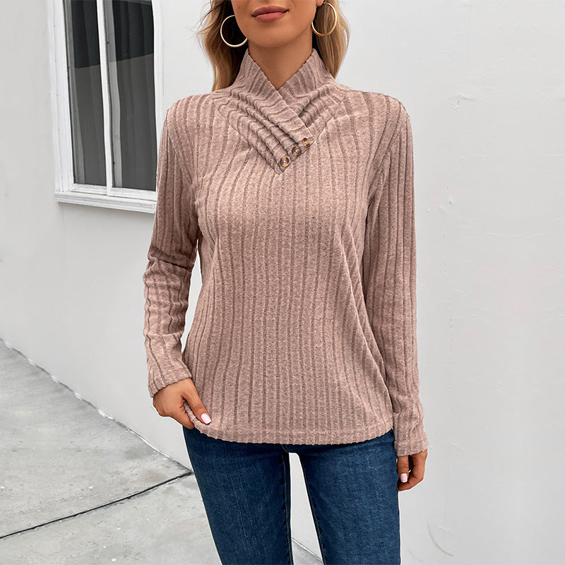 Damen modischer Strickpullover mit hohem Kragen und Knopfdetails Drune