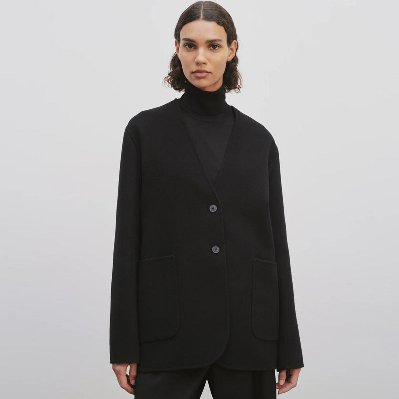 Damen eleganter Strickblazer mit großem Revers und praktischen Taschen Drune