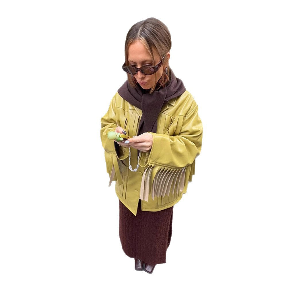 Damen Kunstlederjacke mit Fransen und praktischen Taschen Drune