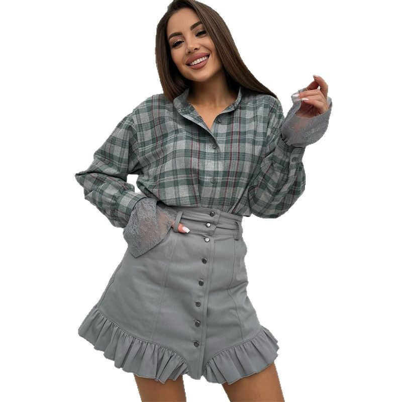 Damen modische Bluse mit Spitzenärmel und Rüschenrock Drune