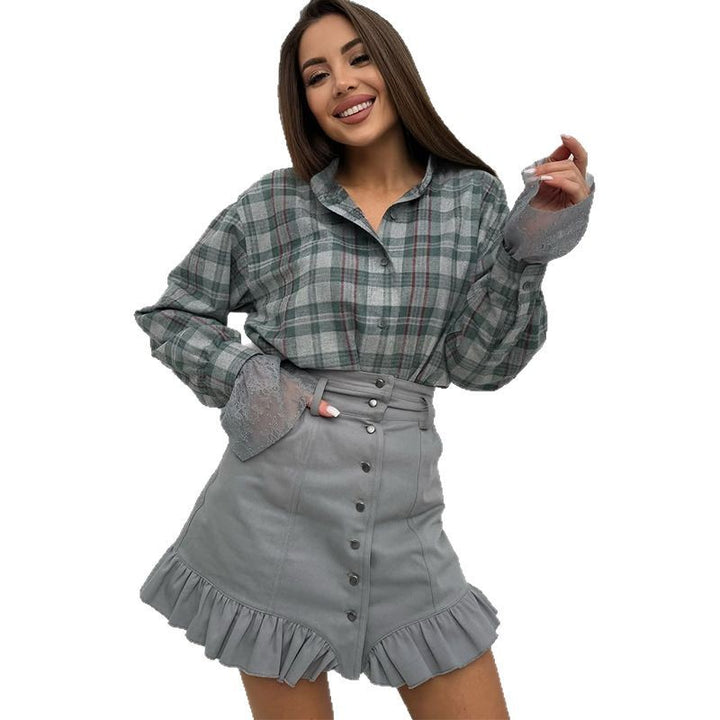 Damen modische Bluse mit Spitzenärmel und Rüschenrock Drune