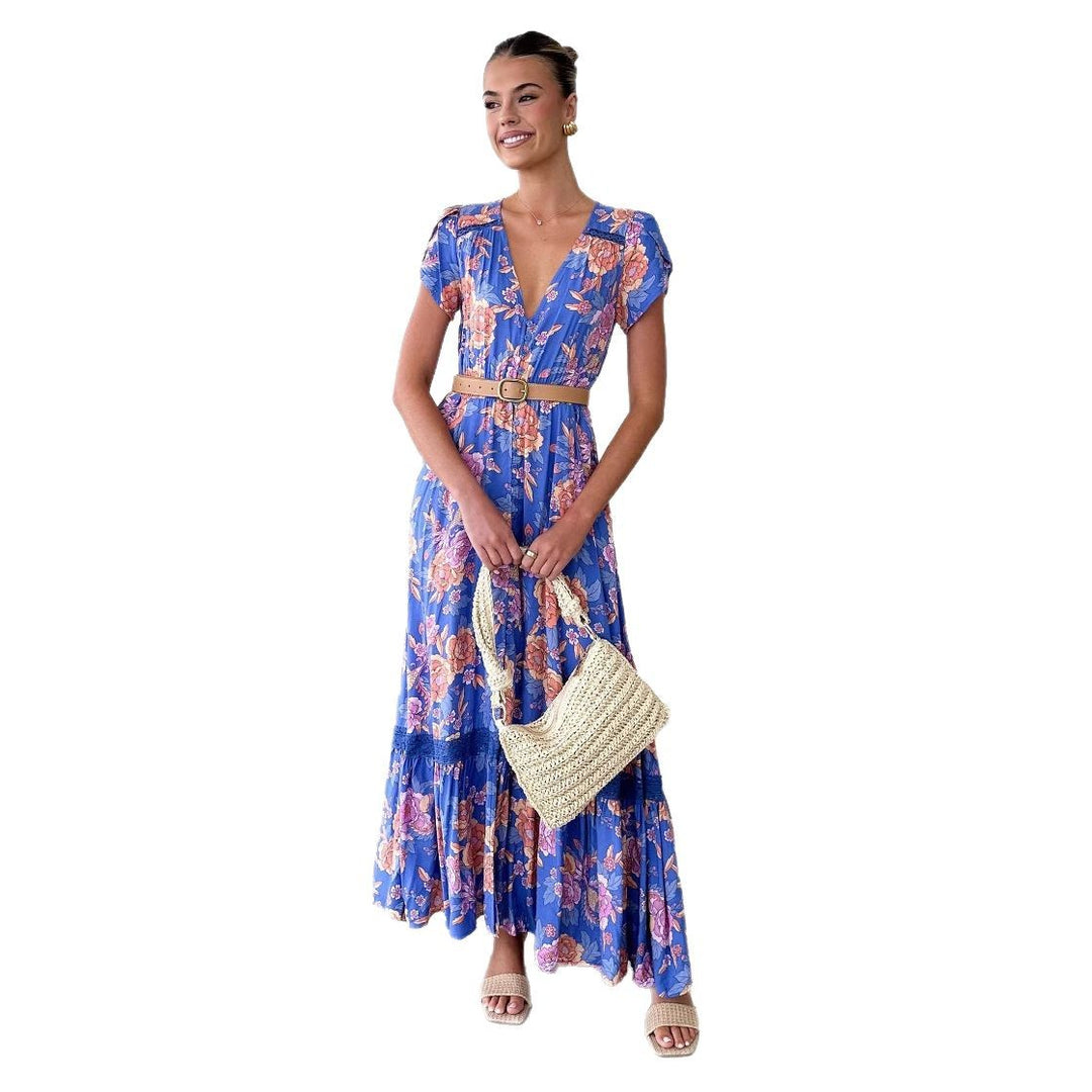 Damen Maxikleid mit elegantem V-Ausschnitt und femininen Rüschendetails Drune