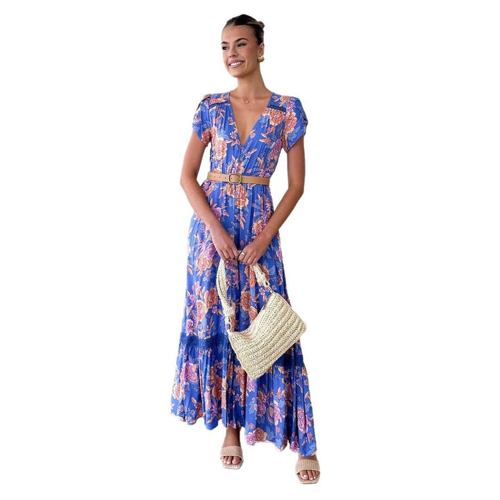 Damen Maxikleid mit elegantem V-Ausschnitt und femininen Rüschendetails Drune