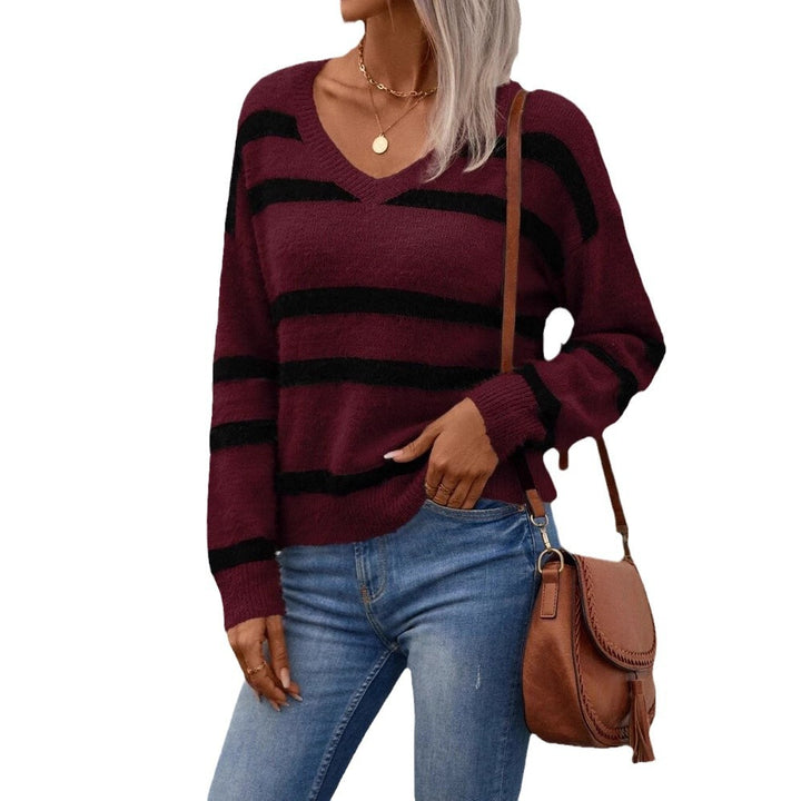 Damen V-Ausschnitt Pullover mit breiten Streifen und kuscheligem Material Drune