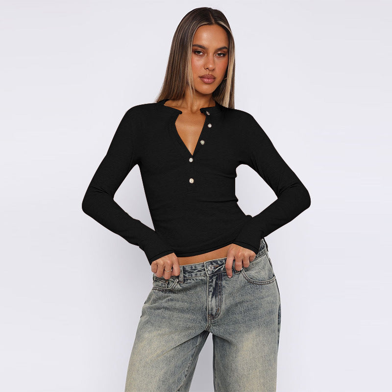 Damen Langarmshirt mit Knopfleiste und figurbetontem Schnitt Drune