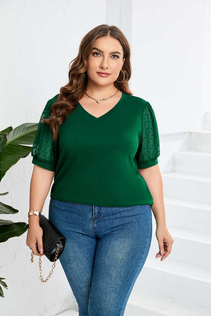 Damen elegantes Blusenshirt mit transparenten Puffärmeln und V-Ausschnitt Drune