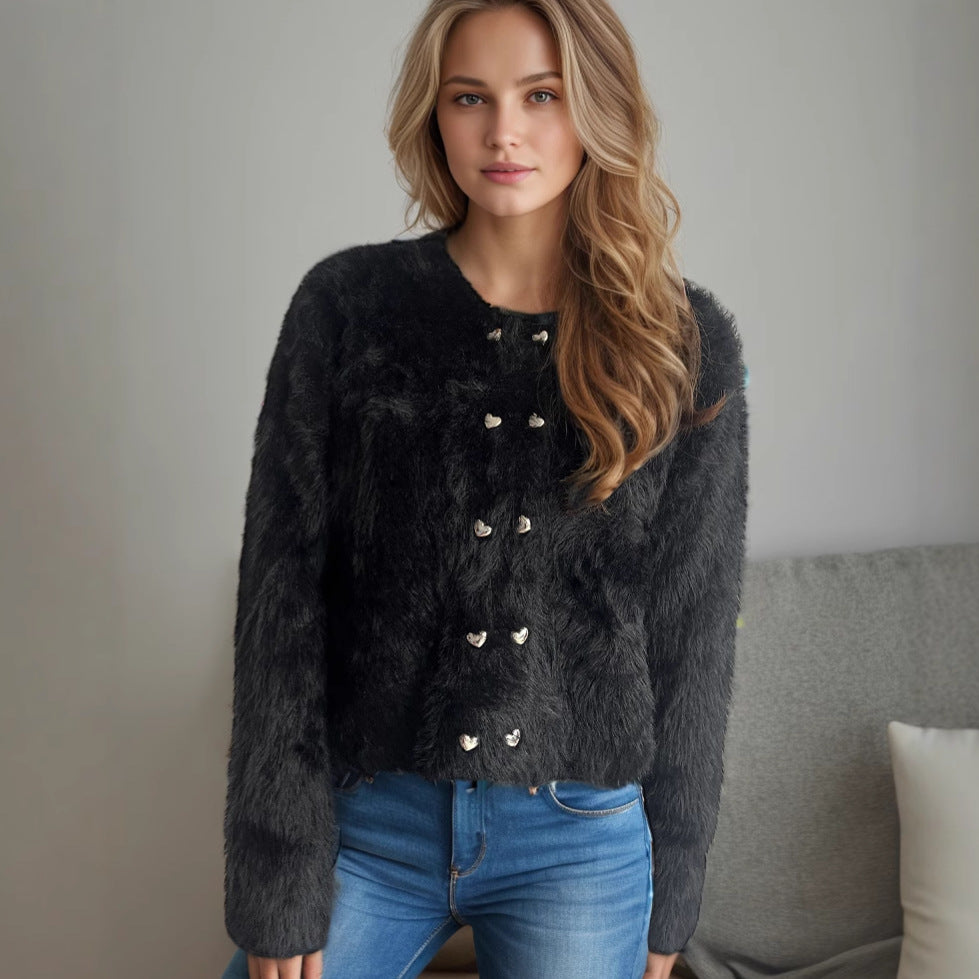 Damen flauschige Strickjacke mit herzförmigen Knöpfen und lockerer Passform Drune