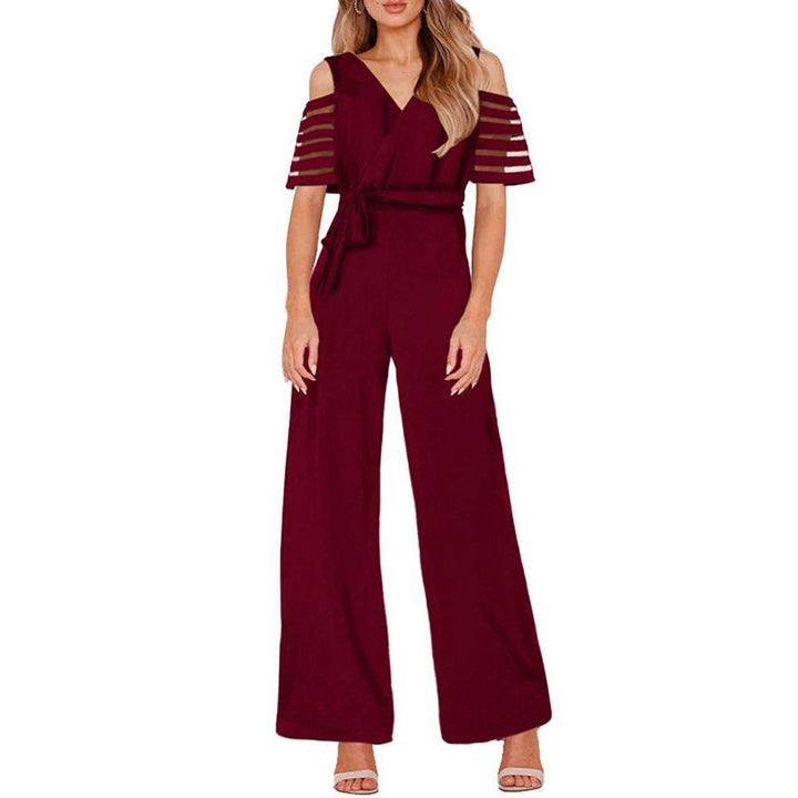 Damen Eleganter Jumpsuit mit transparenten Ärmel-Details und Taillengürtel Drune