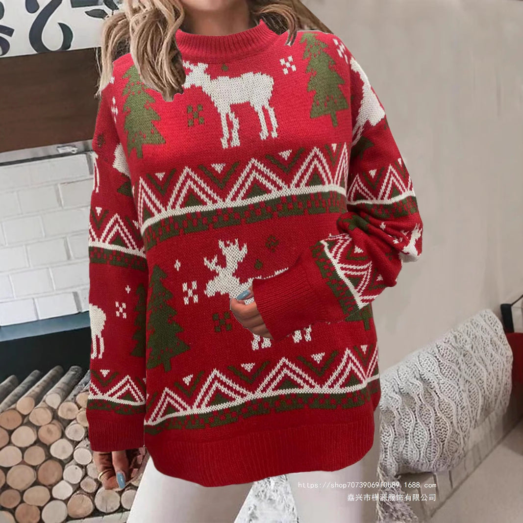 Damen Gemütlicher Weihnachts-Pullover mit festlichem Motiv und hoher Passform Drune