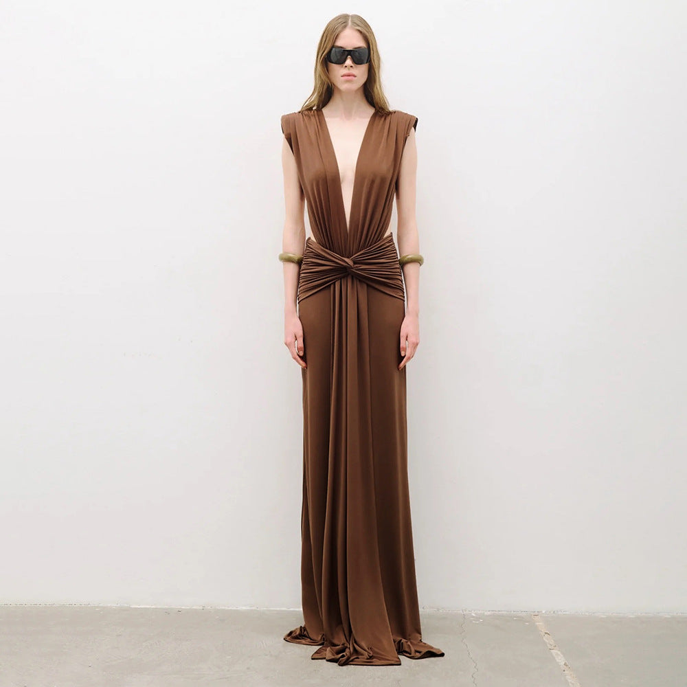 Damen elegantes Maxikleid mit tiefem V-Ausschnitt und drapiertem Bund Drune
