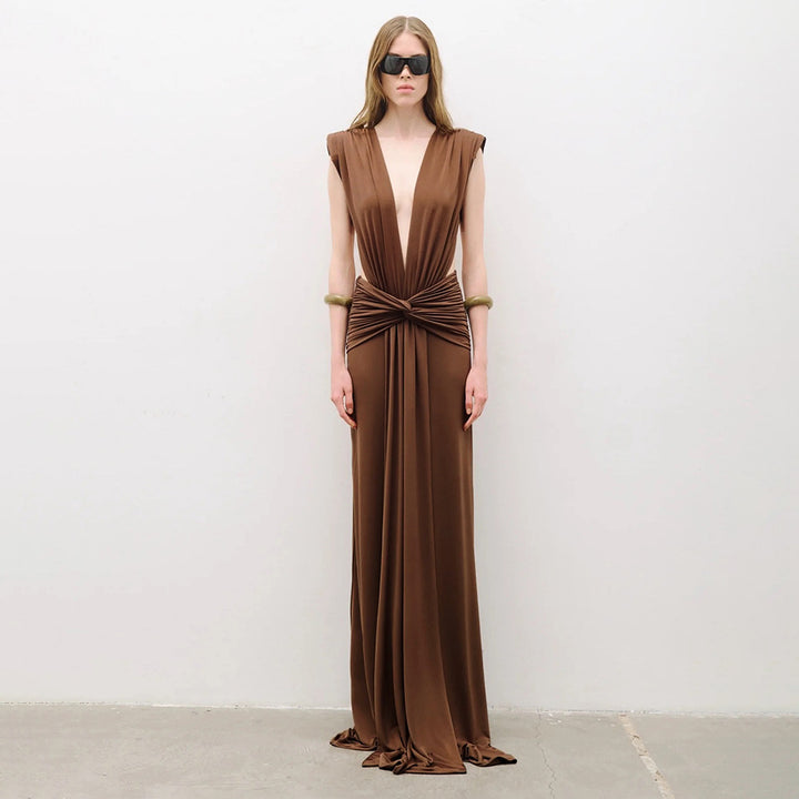 Damen elegantes Maxikleid mit tiefem V-Ausschnitt und drapiertem Bund Drune