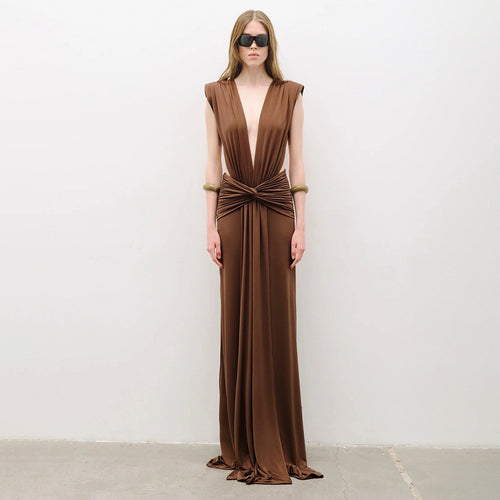 Damen elegantes Maxikleid mit tiefem V-Ausschnitt und drapiertem Bund Drune
