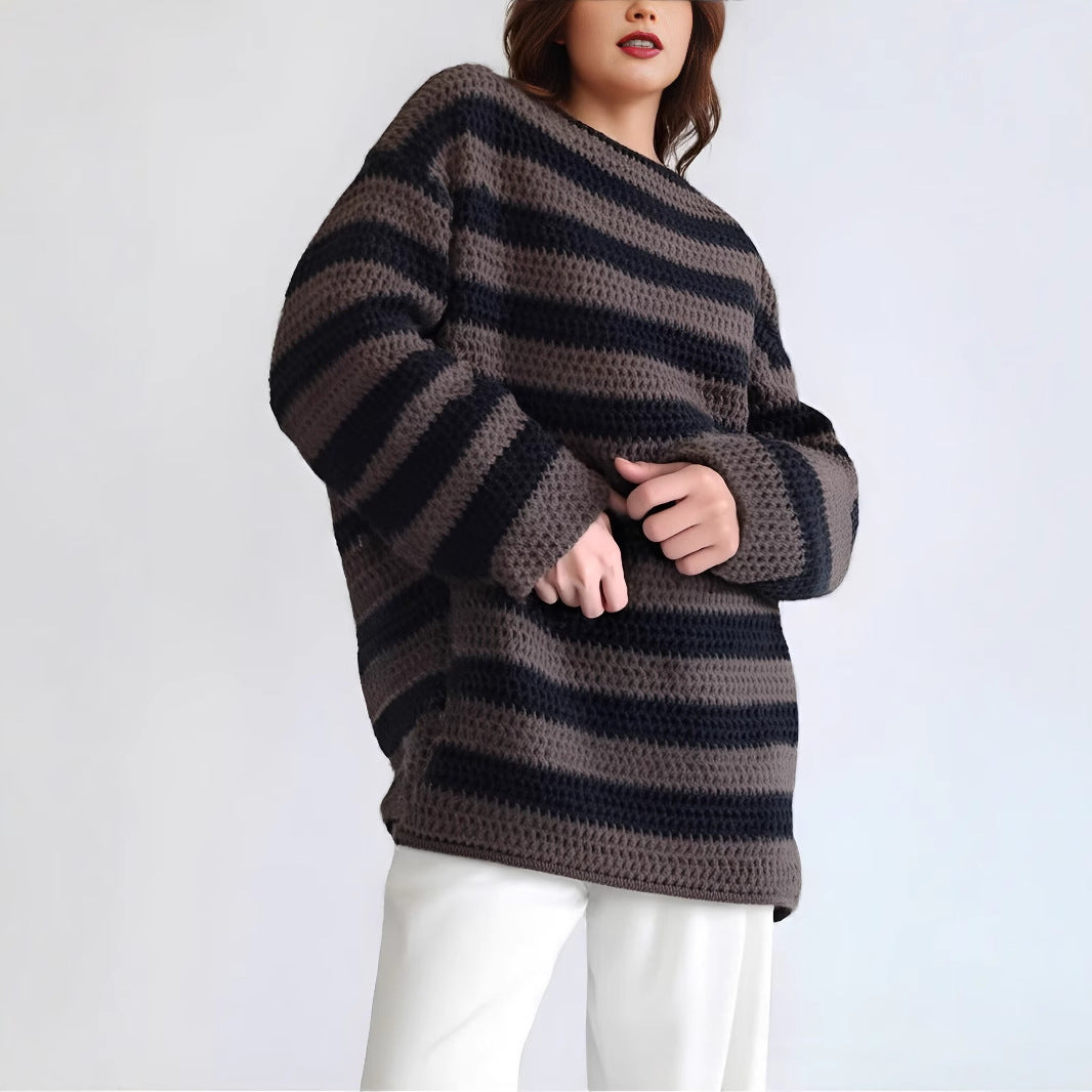Damen lässiger Strickpullover mit kontrastierenden Streifen und weitem Schnitt Drune