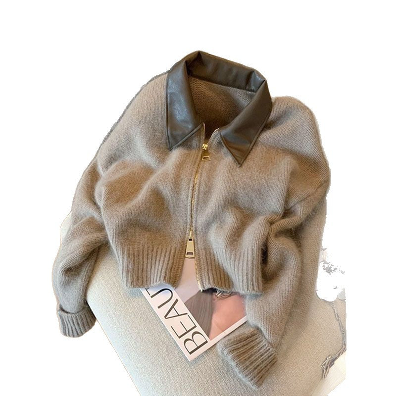 Damen Modische Cropped Jacke mit Lederkragen Drune