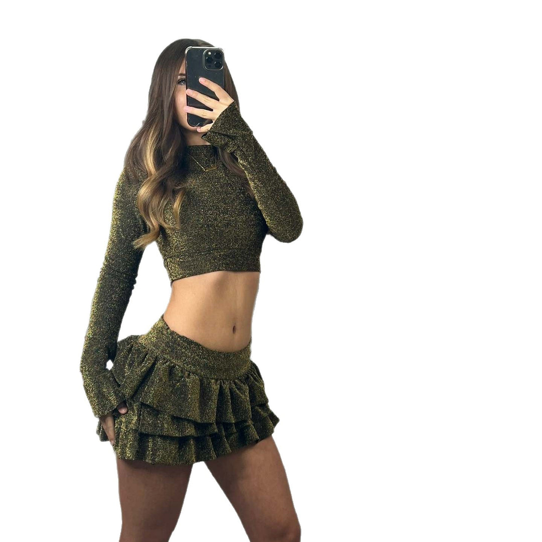 Damen modisches Crop-Top und plissierte Mini-Rock Set Drune