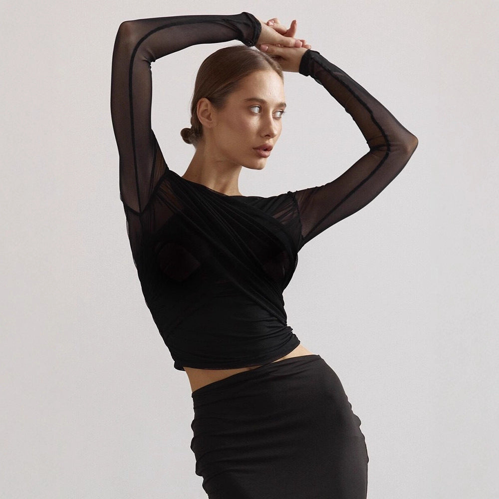 Damen Langarm-Crop-Top Drune