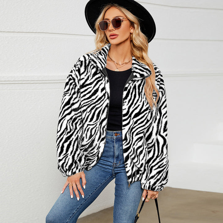 Damen Plüschjacke im trendigen Zebra-Look mit Stehkragen Drune