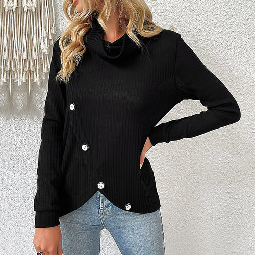 Damen Strickpullover mit asymmetrischem Knopfdesign und hochgeschlossenem Kragen Drune