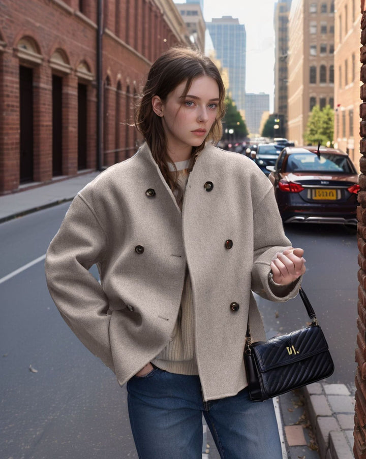 Damen modische Kurzjacke mit doppelter Knopfreihe und lässigen Ärmeln Drune