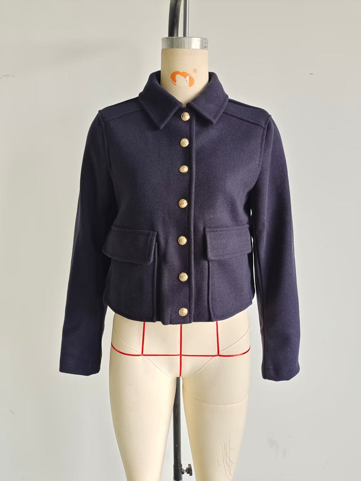Damen modische Kurzjacke mit praktischen Taschen und goldenen Knöpfen Drune