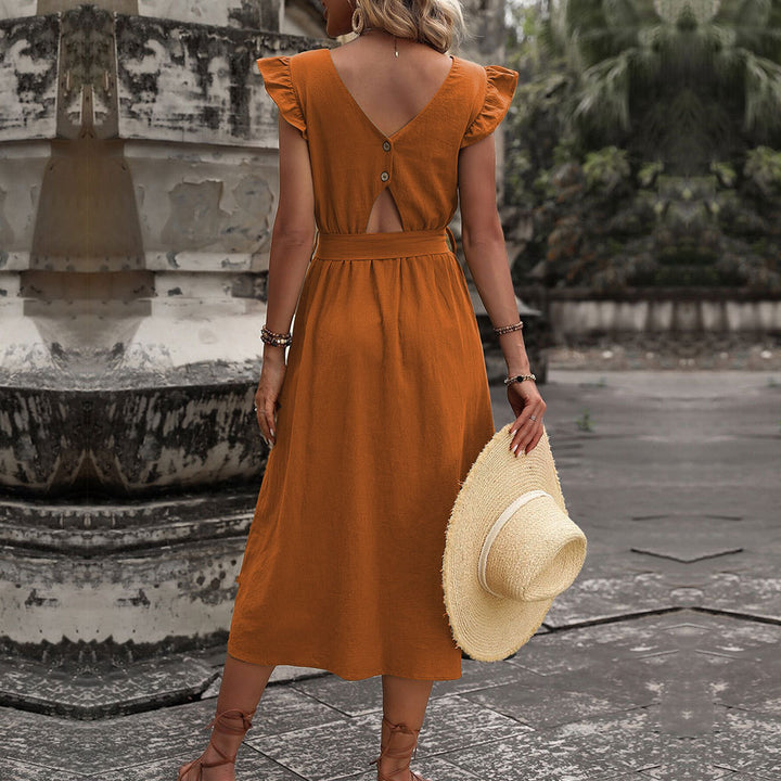 Damen Maxikleid mit v-Ausschnitt und Taillengürtel Drune