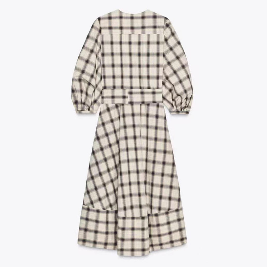 Damen Karierte Maxikleid mit Taillengürtel Drune