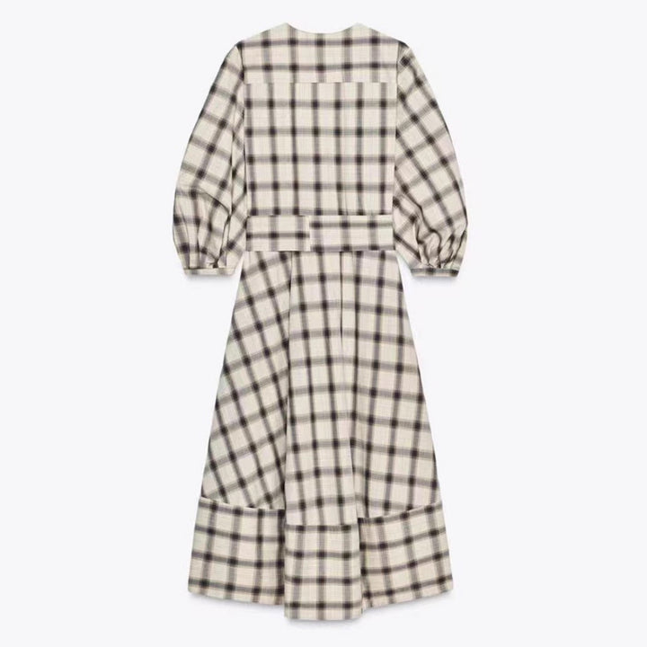 Damen Karierte Maxikleid mit Taillengürtel Drune
