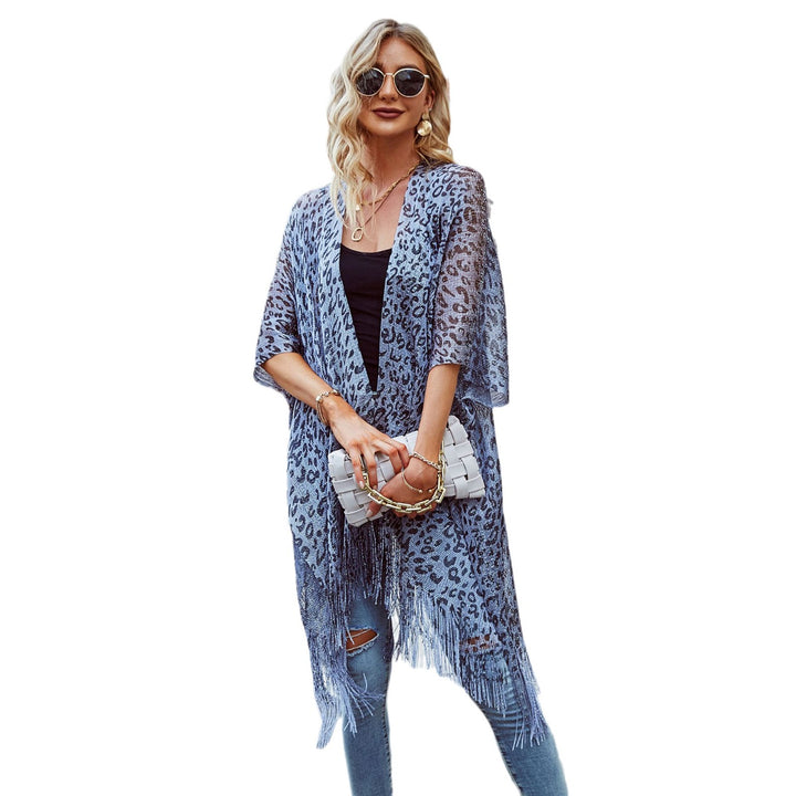 Damen Eleganter Fransen-Poncho mit Leopardenmotiv Drune