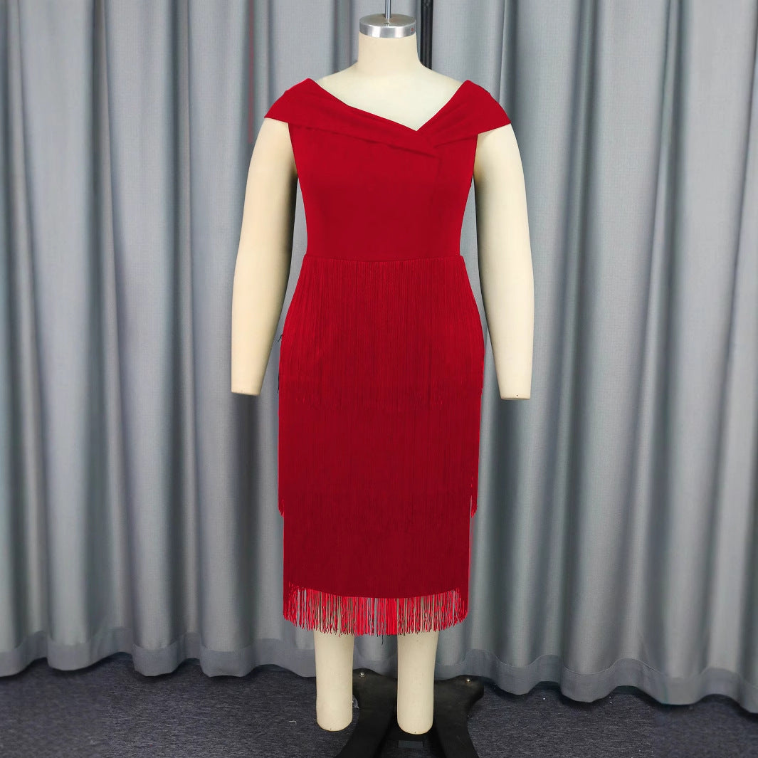 Damen Glamouröses Fransen-Kleid mit elegantem V-Ausschnitt Drune
