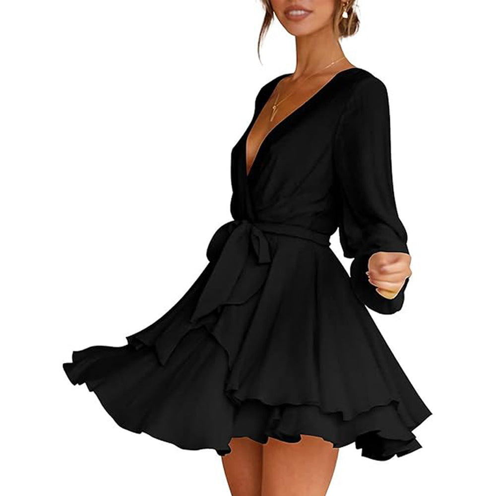 Damen Wickelkleid mit langen Ärmeln und verspieltem Volant Drune