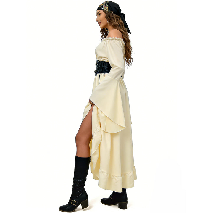 Damen nan schulterfreies Maxikleid mit Volantstufen und weiten Trompetenärmeln Drune