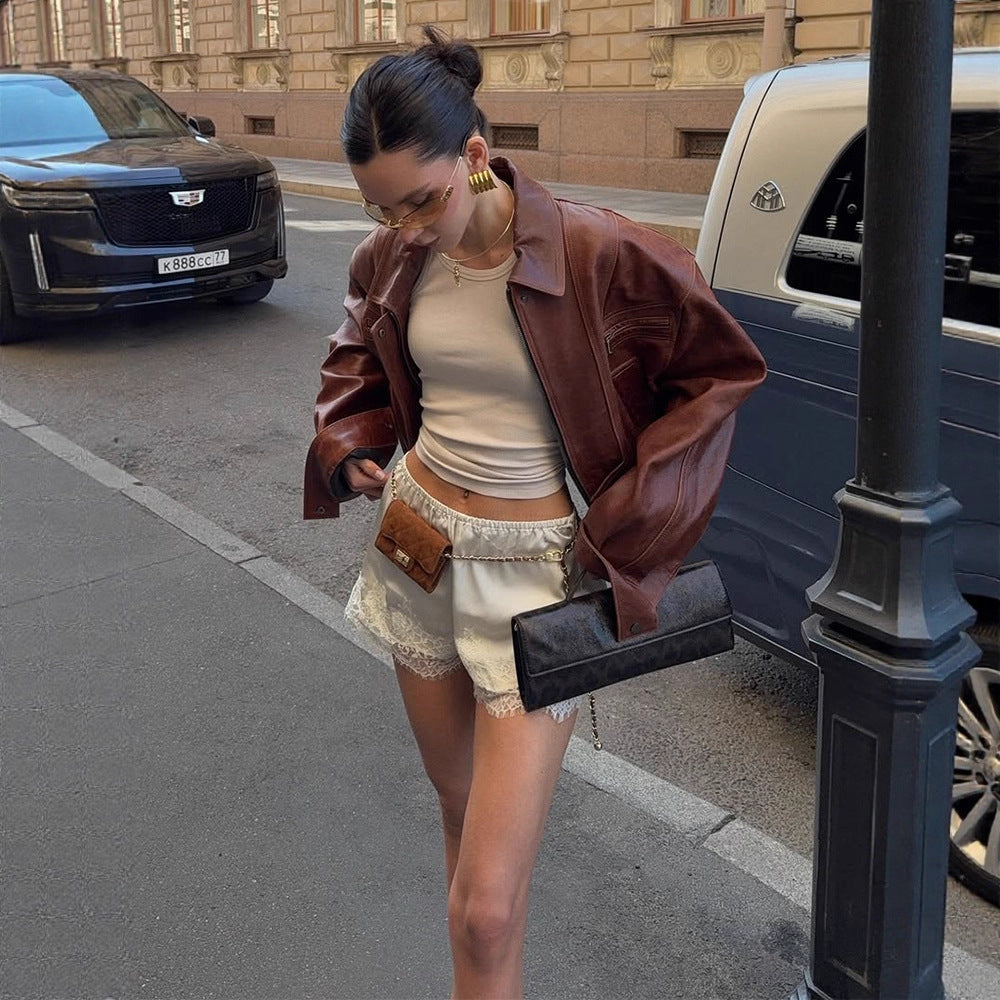 Damen lässige Kunstlederjacke im Oversized-Stil Drune