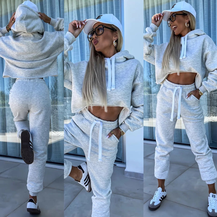Damen bequemer Cropped Hoodie mit elastischem Bund und lässiger Jogginghose Set Drune