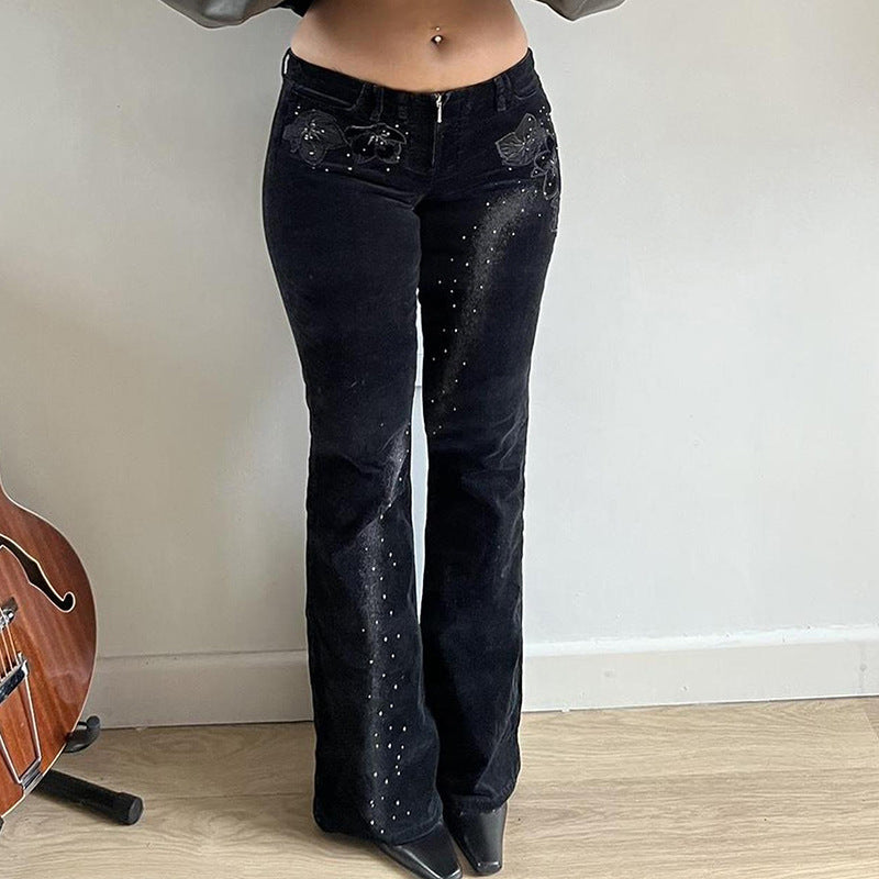 Damen Flared Cordhose mit floralem Design und Glitzerakzenten Drune